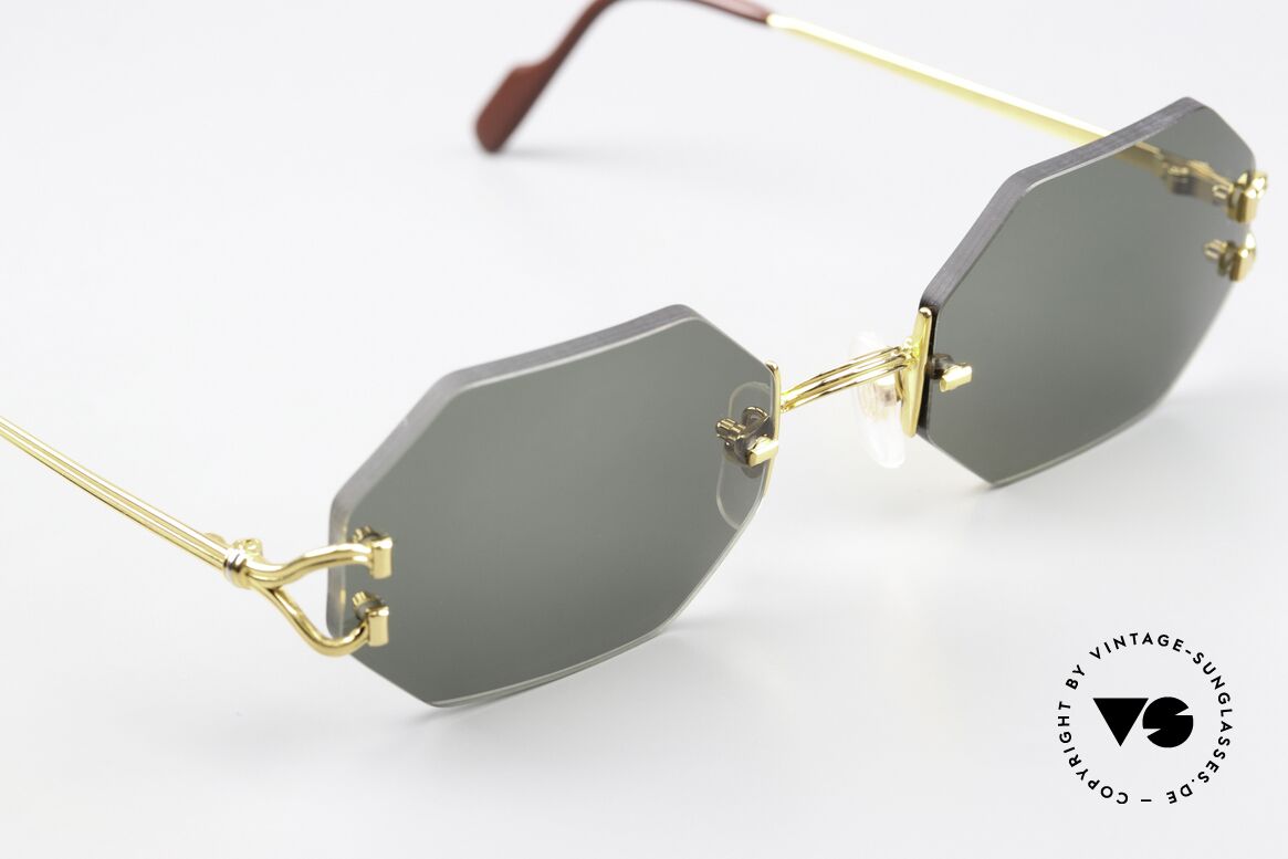 Cartier Rimless Octag Achteckige Sonnenbrille 90er, neue CR39 Gläser in grau-grün G15; 100% UV Schutz, Passend für Herren und Damen