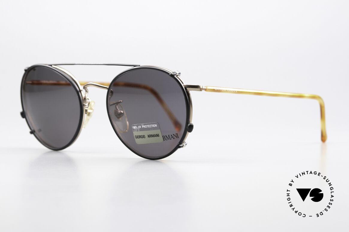 Giorgio Armani 138 Clip On Panto Vintage Brille, goldene Fassung; Gr. 49/20 mit schwarzem Clip-On, Passend für Herren und Damen