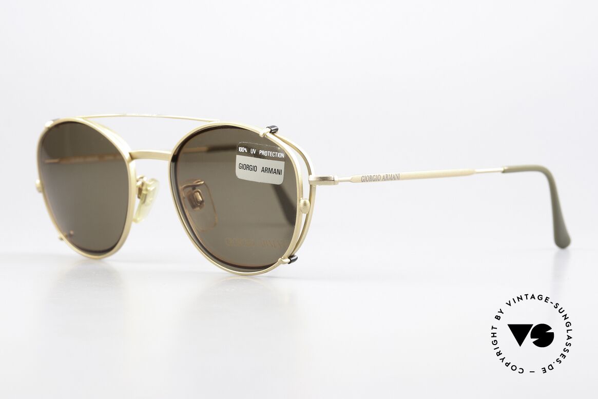 Giorgio Armani 203 Eckige 80er Brille Mit SunClip, mattgoldene Fassung Größe 51/22, mit Sonnen-Clip, Passend für Herren und Damen