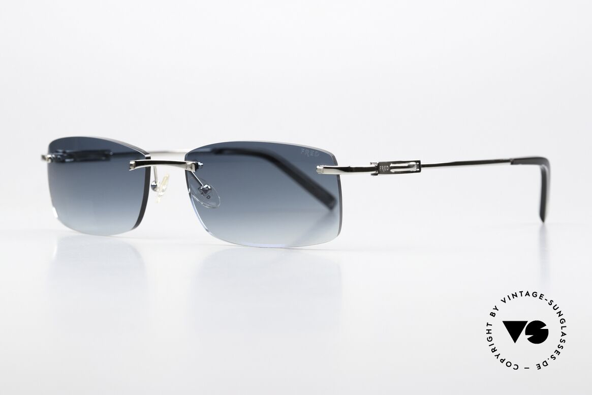 Fred Cayman F6 Luxus Sonnenbrille Eckig, sehr edle Palladium Fassung mit dunkelblauen Gläsern, Passend für Herren